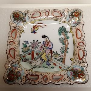 Vintage Moriage Porcelain Trinket Tray Oriental Geisha Girl & Flying Dragon